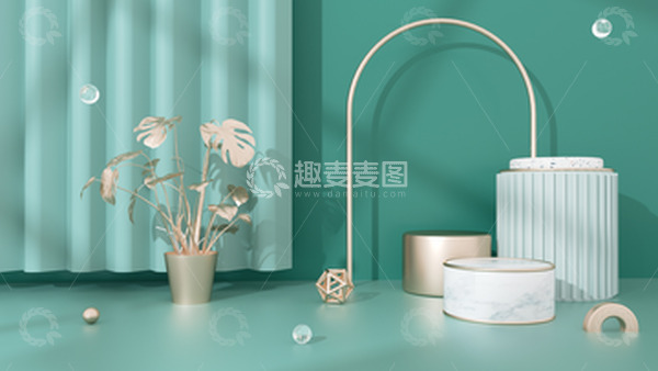 源文件下载【趣麦麦图】C4D墨绿色家居清新简约展台海报背景