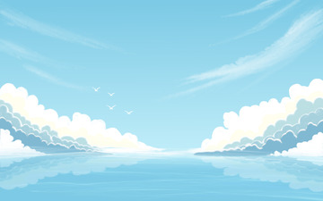 手绘卡通蓝天白云大海