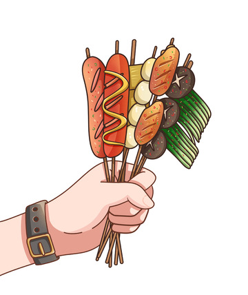 手拿烧烤手绘卡通元素