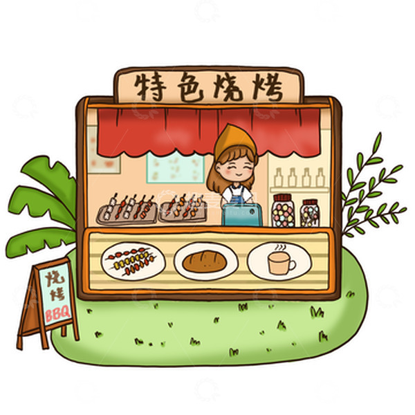 源文件下载【趣麦麦图】夏日烧烤摊特色烧烤店人物小场景BBQ店面