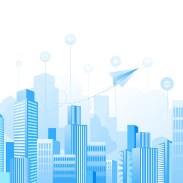 蓝色2.5D科技企业未来建筑装饰插画元素