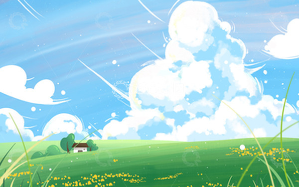 源文件下载【趣麦麦图】手绘小清新春天夏季蓝天白云草坪插画背景
