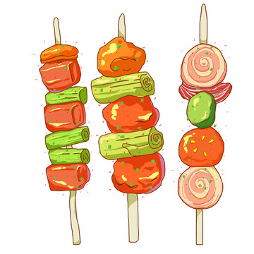 烤串蔬菜肉丸子五颜六色大蒜烤肉手绘