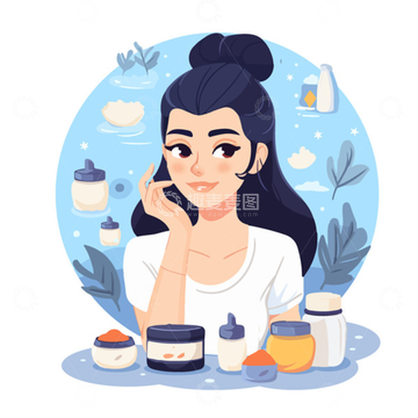 源文件下载【趣麦麦图】浅蓝色创意扁平卡通化妆女孩美容元素