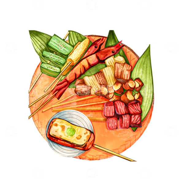 源文件下载【趣麦麦图】烧烤水彩串串虾子肉串牛热串夜宵