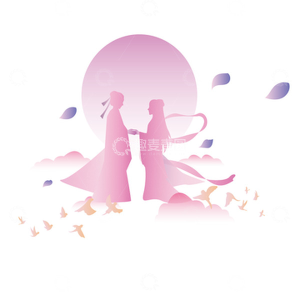 源文件下载【趣麦麦图】粉色中国风浪漫牛郎织女七夕剪影装饰元素