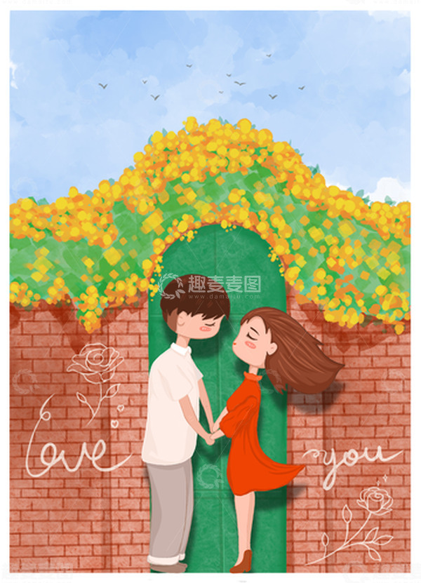 源文件下载【趣麦麦图】七夕情人节手绘花卉拱门请柬