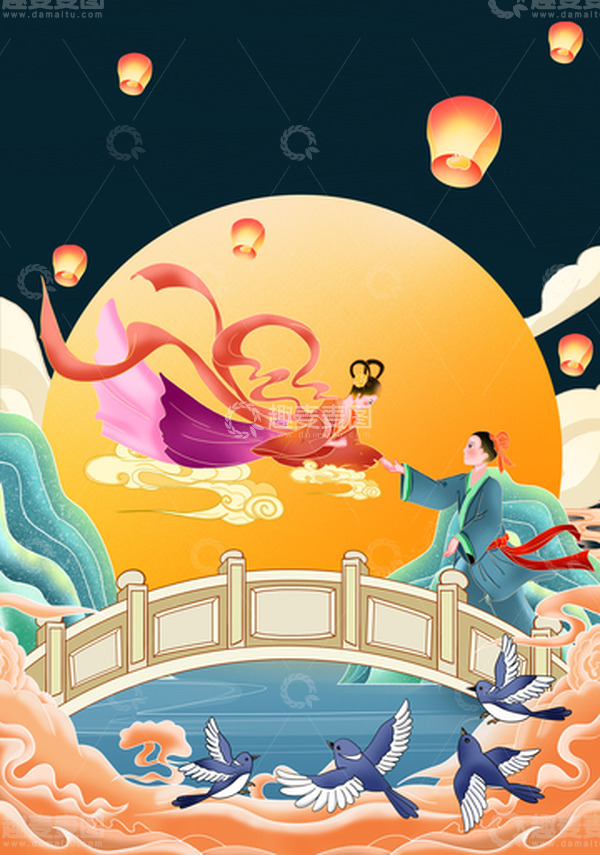 源文件下载【趣麦麦图】-手绘七夕牛郎织女插画海报背景