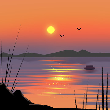 落日风景手绘湖边唯美风景插画