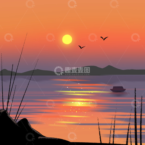 源文件下载【趣麦麦图】落日风景手绘湖边唯美风景插画