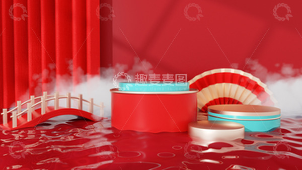 源文件下载【趣麦麦图】七夕电商C4D立体中国风展台海报背景