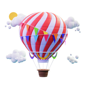 漂浮的红白色条纹卡通热气球彩旗帜3D元素
