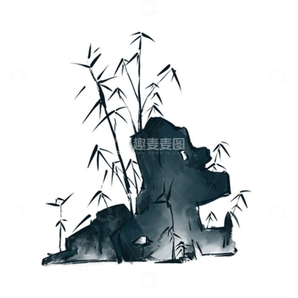 源文件下载【趣麦麦图】手绘水墨画石头山竹林竹子插画水彩元素