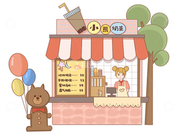 源文件下载【趣麦麦图】-小熊奶茶店小场景