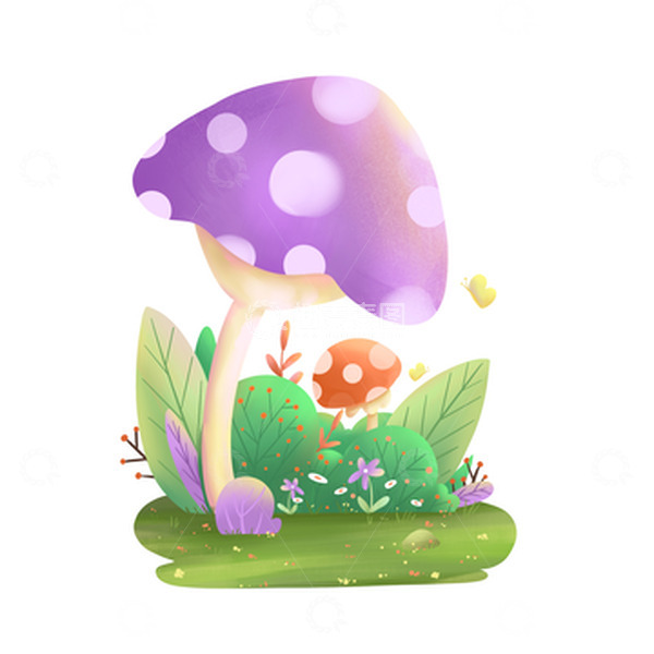 源文件下载【趣麦麦图】-手绘卡通蘑菇草坪小场景插画绿植元素
