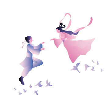 粉色渐变七夕节牛郎织女人物相会插画元素