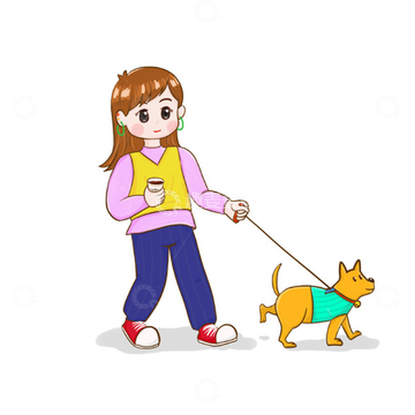 源文件下载【趣麦麦图】手绘卡通遛狗的女孩元素