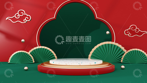 源文件下载【趣麦麦图】七夕C4D红绿撞色中国风电商展台海报背景