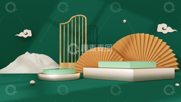源文件下载【趣麦麦图】七夕中国风C4D展台墨绿色电商海报背景