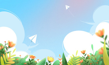 手绘绿植花卉蓝天白云纸飞机开学海报背景