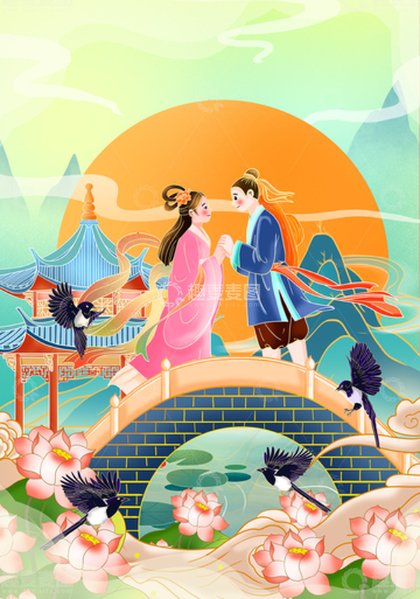 源文件下载【趣麦麦图】手绘七夕海报背景牛郎织女插画