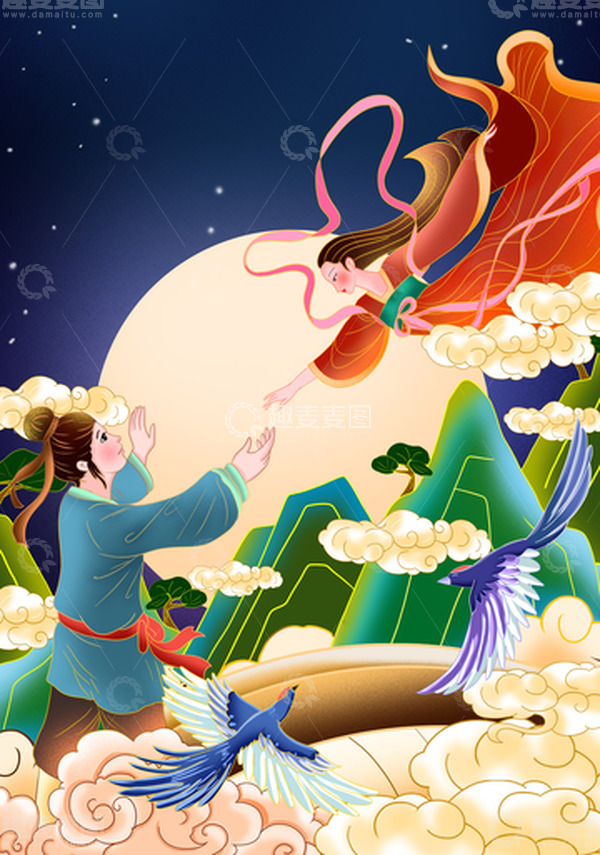 源文件下载【趣麦麦图】手绘七夕人物 场景图海报背景