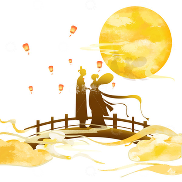 源文件下载【趣麦麦图】七夕牛郎织女相会金色剪影月亮