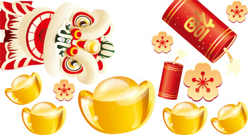 新春 除夕 爆竹 狮子 元宝 喜庆 矢量