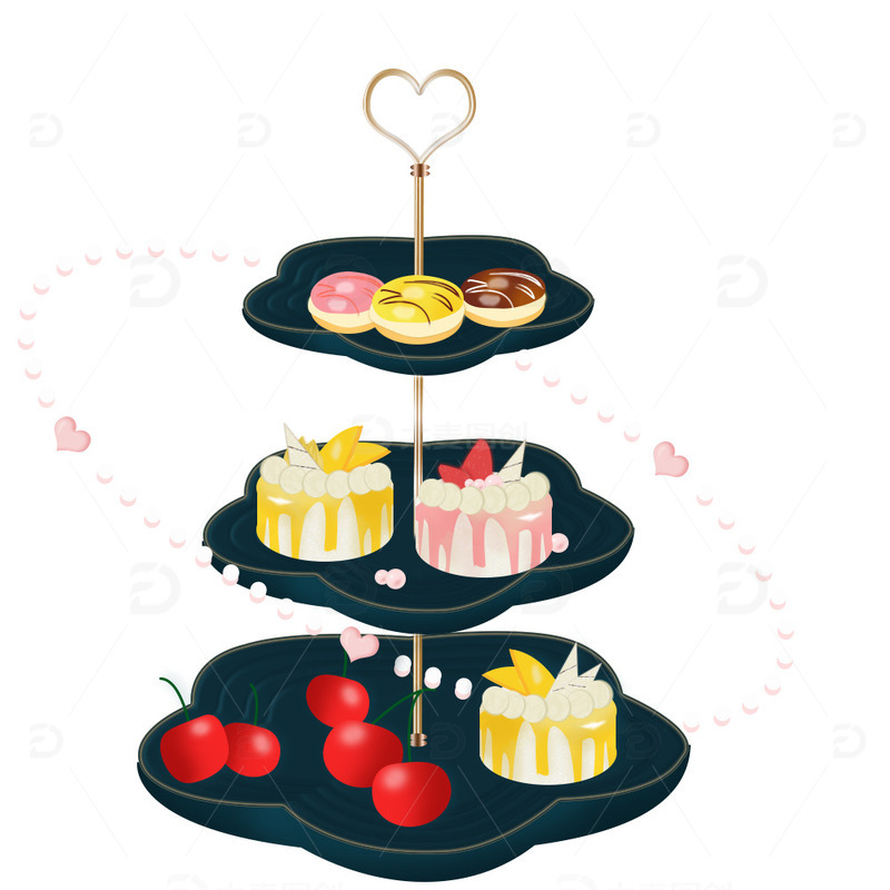 源文件下载【趣麦麦图】三层水果架蛋糕甜点墨绿色甜甜圈桃心金属