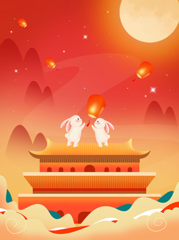 手绘中秋节玉兔放孔明灯背景