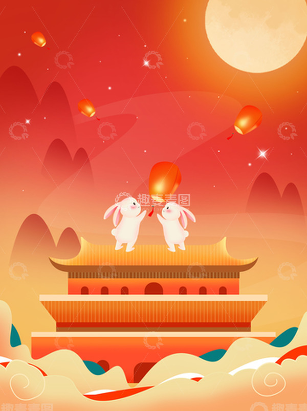 源文件下载【趣麦麦图】手绘中秋节玉兔放孔明灯背景