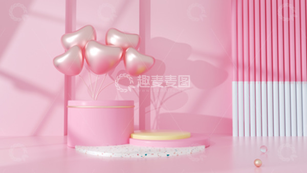 源文件下载【趣麦麦图】七夕C4D粉色浪漫心形气球展台海报背景