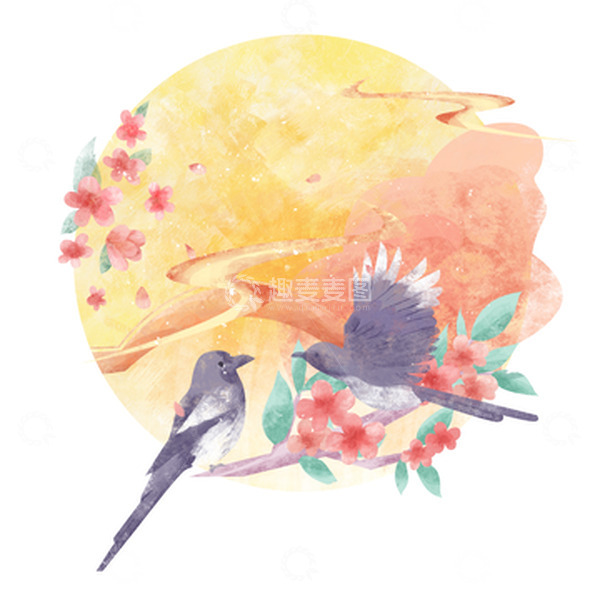 源文件下载【趣麦麦图】简约国风七夕节喜鹊小场景