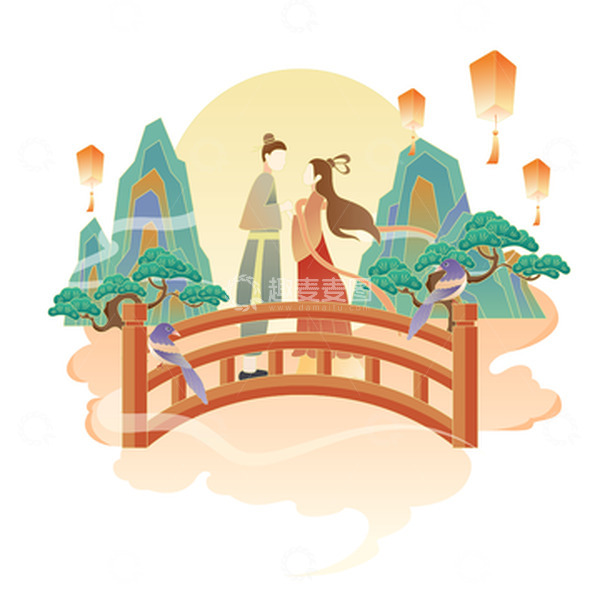 源文件下载【趣麦麦图】七夕牛郎织女插画元素