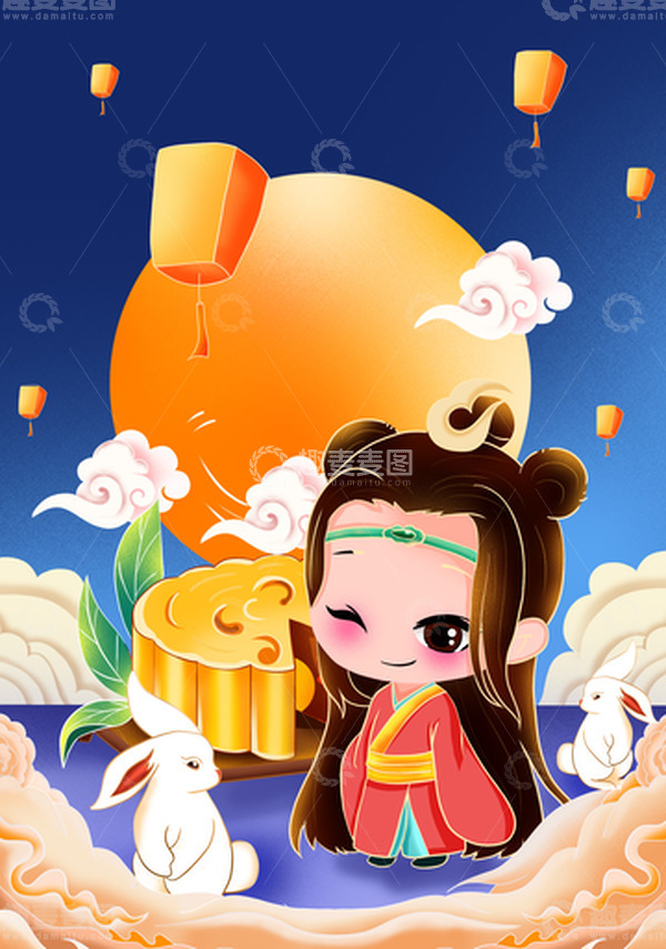 源文件下载【趣麦麦图】手绘中秋人物小插画海报背景