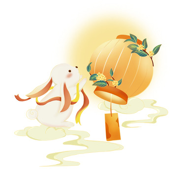中秋节奔月的兔子桂花古风手绘插画素材