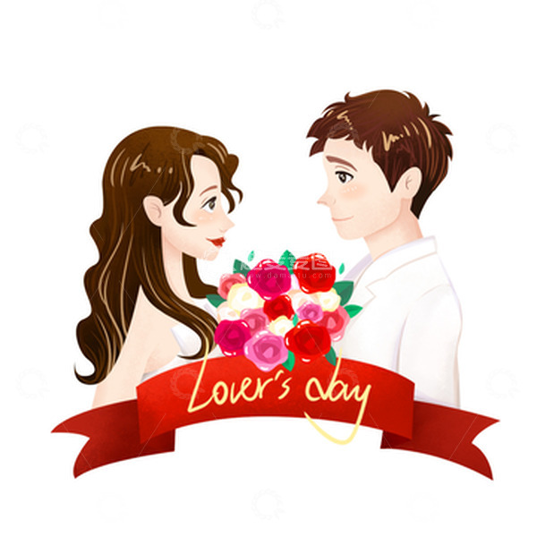 源文件下载【趣麦麦图】七夕情侣对视鲜花彩带手绘插画元素