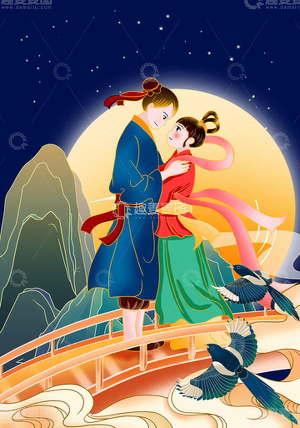 源文件下载【趣麦麦图】手绘七夕海报背景插画中国风情侣插画