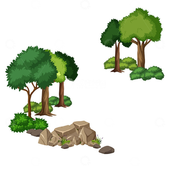 源文件下载【趣麦麦图】-春天 夏天 树木 草丛 石头 植物