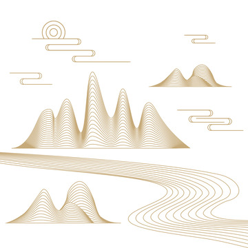 中国风线条上水场景插画元素