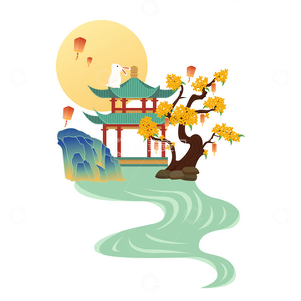源文件下载【趣麦麦图】中秋亭子桂树元素
