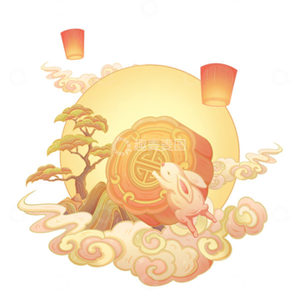 源文件下载【趣麦麦图】国潮风中秋节祥云玉兔月饼灯笼元素