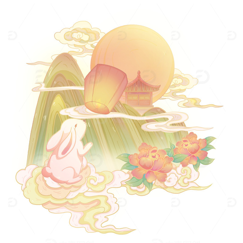 源文件下载【趣麦麦图】国潮风中秋节兔子花灯圆月祥云牡丹花元素