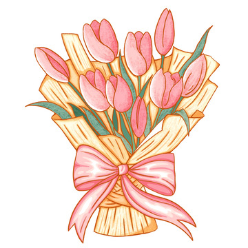 粉色小清新郁金香鲜花花束插画手绘元素