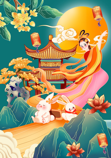 手绘中秋节国风插画海报背景