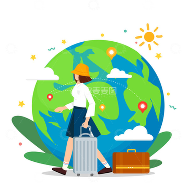 卡通可爱夏日女孩行李箱户外装饰插画元素