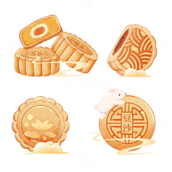 源文件下载【趣麦麦图】水彩月饼中秋兔子手绘插画