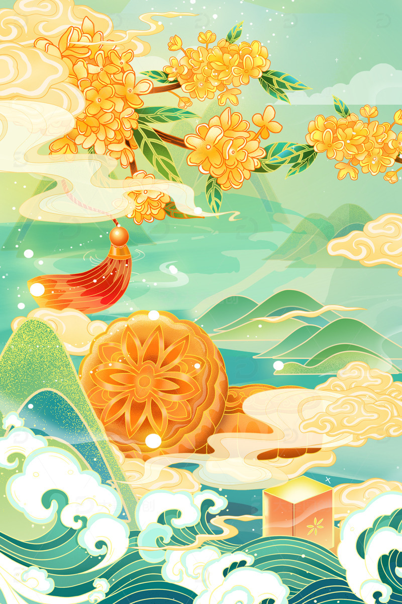 源文件下载【趣麦麦图】国潮夏日赏月处暑唯美风景插画