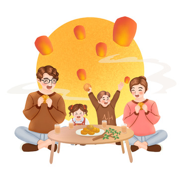 手绘中秋节一家人团聚吃月饼场景
