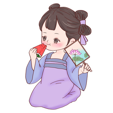 处暑解暑吃西瓜降温古风人物